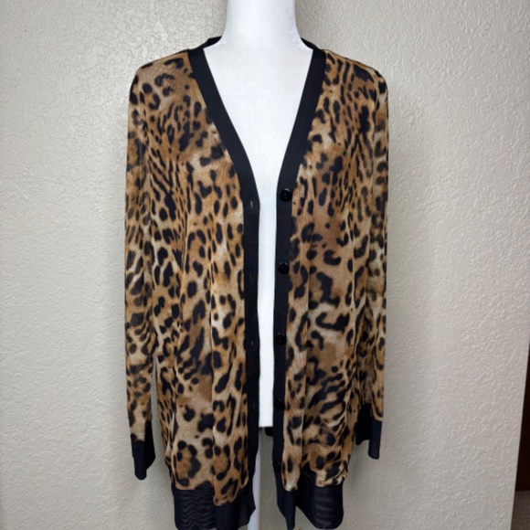 Chico's Size 3 Brown Black Leopard Animal Print Sheer Cardigan Women's Size XL - Picture 8 of 14